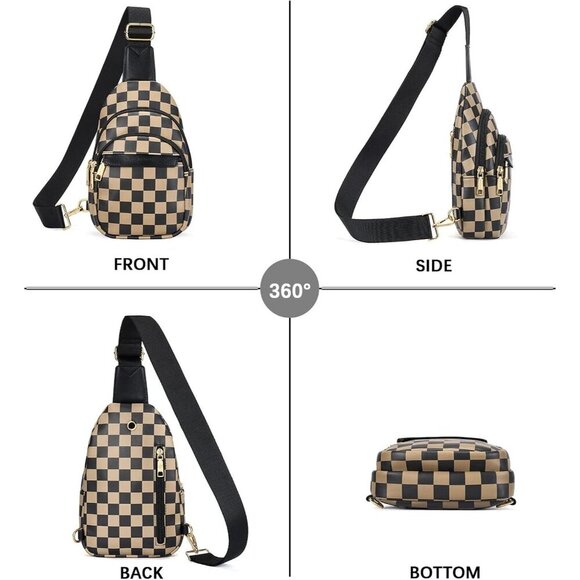 Women Checkered Coffee Imported Leather Small Crossbody Chest Sling Travel Bag - Picture 8 of 8